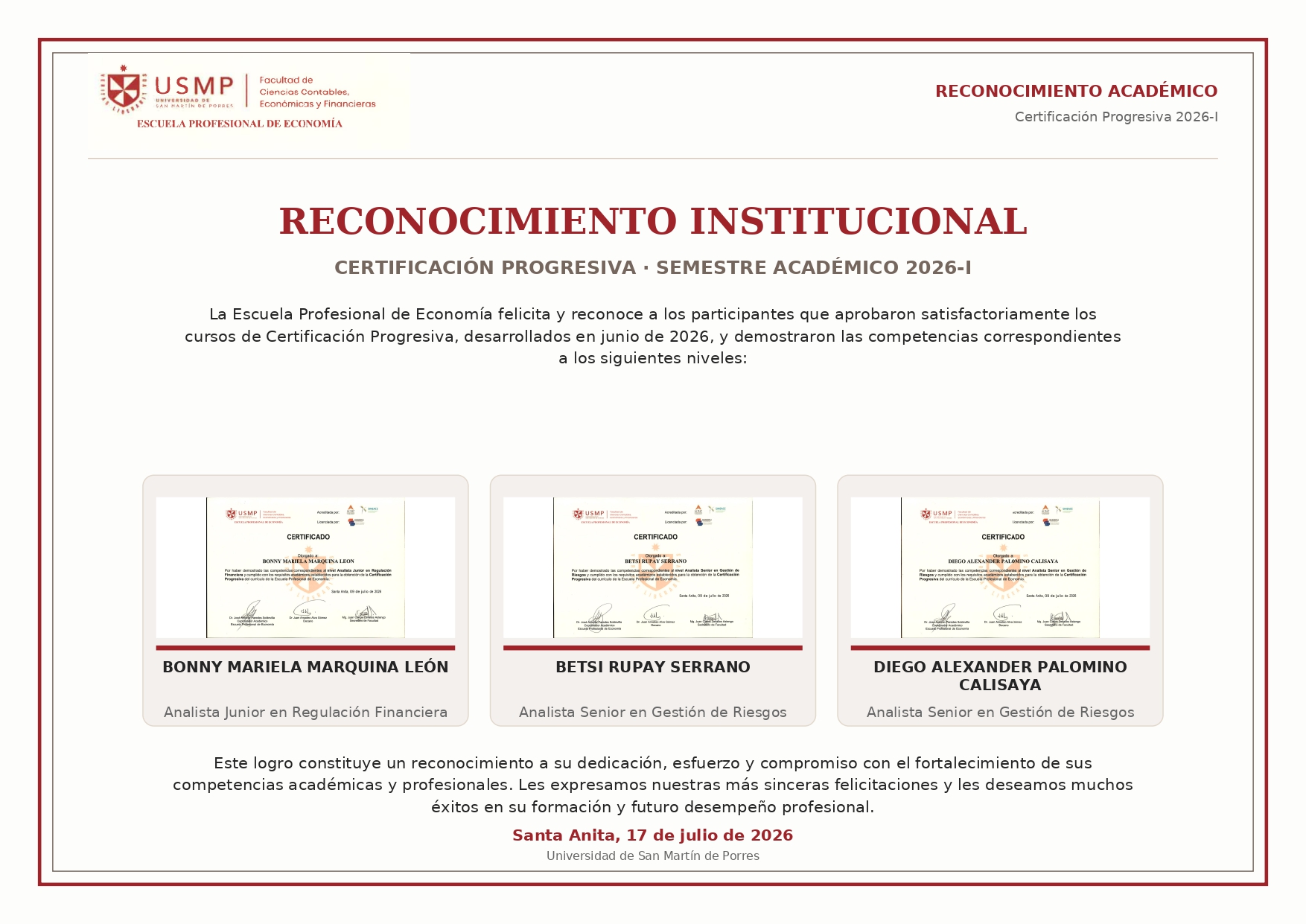 Reconocimiento institucional de Certificación Progresiva 2026-I
